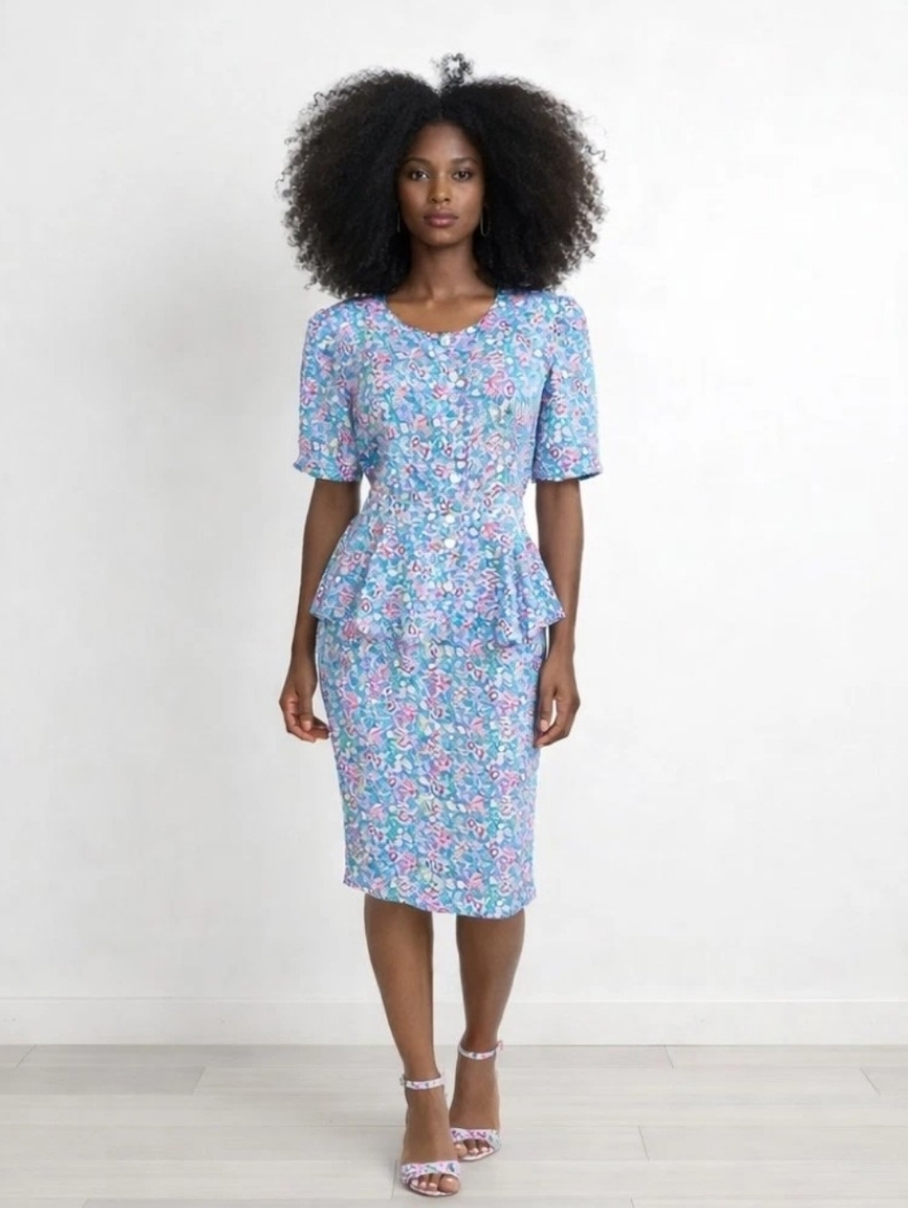 Vintage 80s Blue Floral Dress Pastel Peplum Easter Size Medium